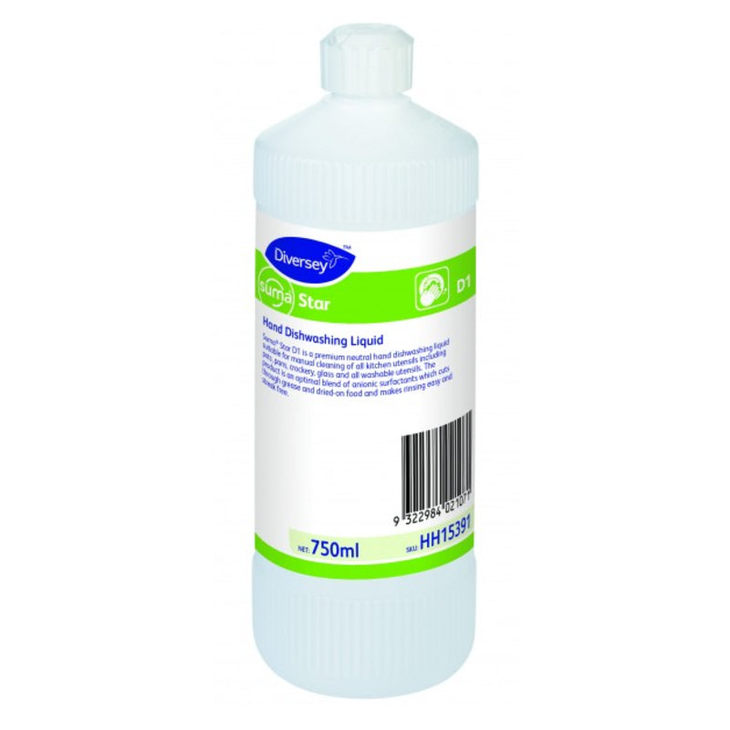 Bottle of Diversey hand dishwashing liquid on a white background