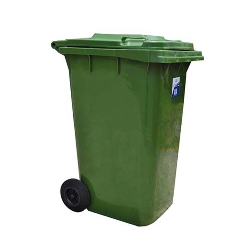Green trash bin with wheels on a white background