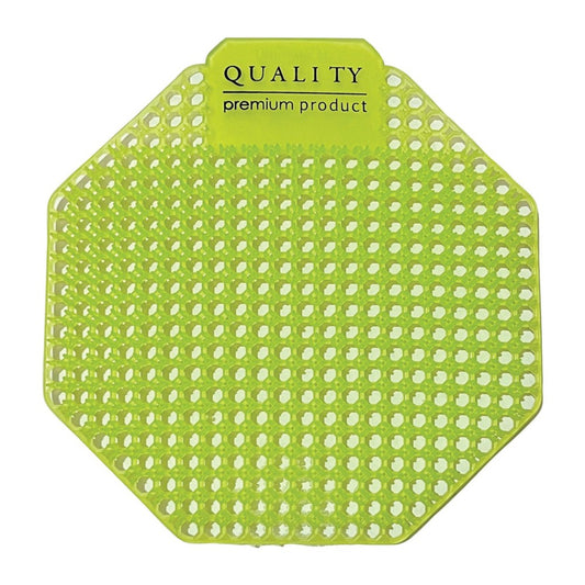 Green silicone urinal mat, labeled 'Quality premium product'.