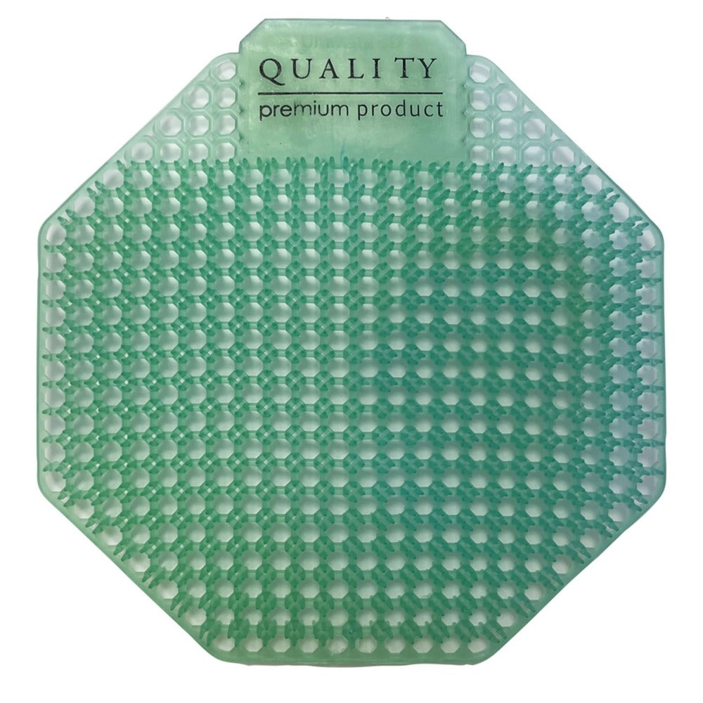 Green silicone urinal mat with a textured surface on a white background