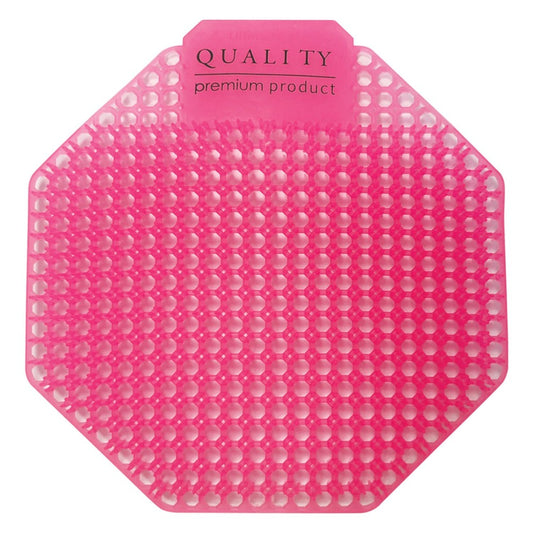 Pink silicone urinal mat with hexagonal pattern on a white background