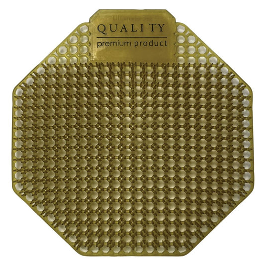 Hexagonal Urinal mat with a textured surface and 'Quality premium product' label on a white background