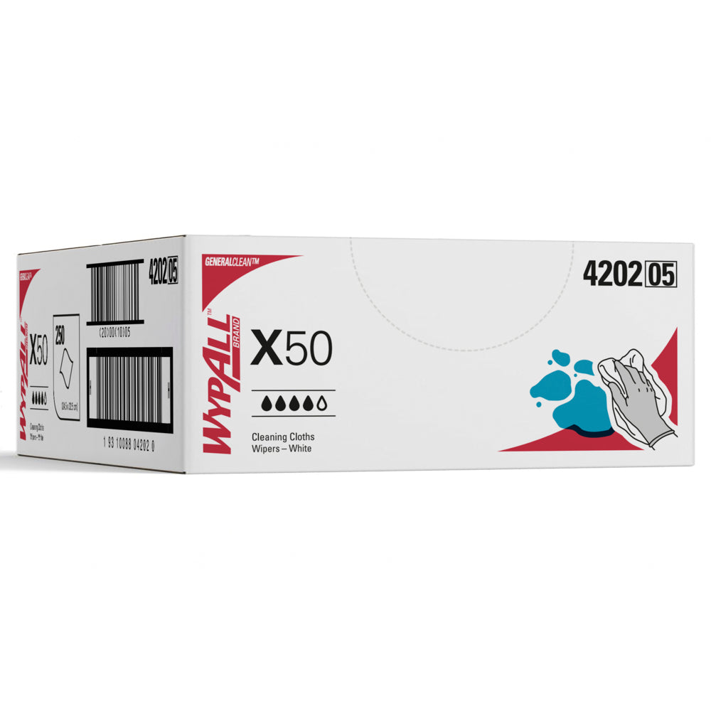 Box of WypAll X50 cleaning cloths on a white background