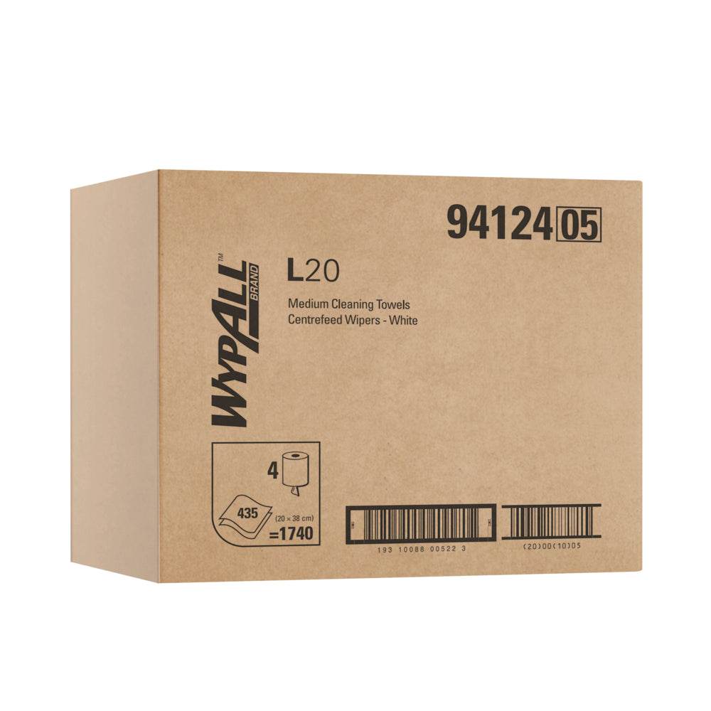 Cardboard box of Wypall L20 medium cleaning towels on a white background