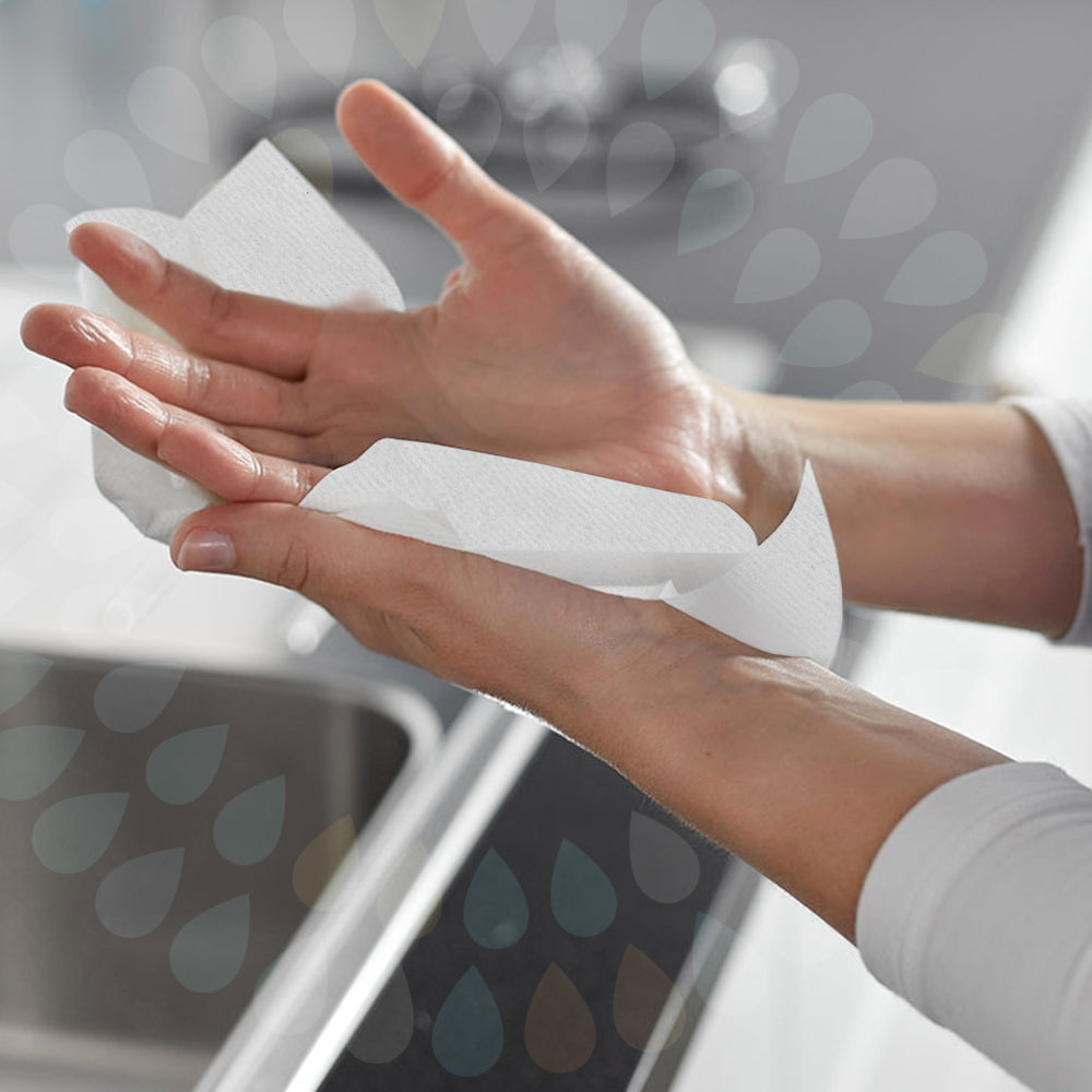 Person using a white paper towel to dry hands with a blurred background
