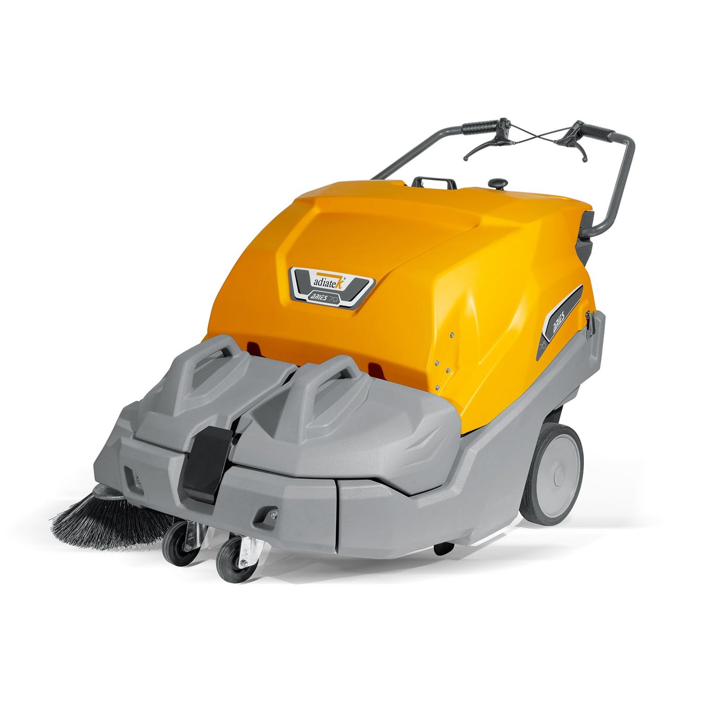 Yellow and gray Adiatek Aries 70 Sweeper cleaning machine with brush on a white background