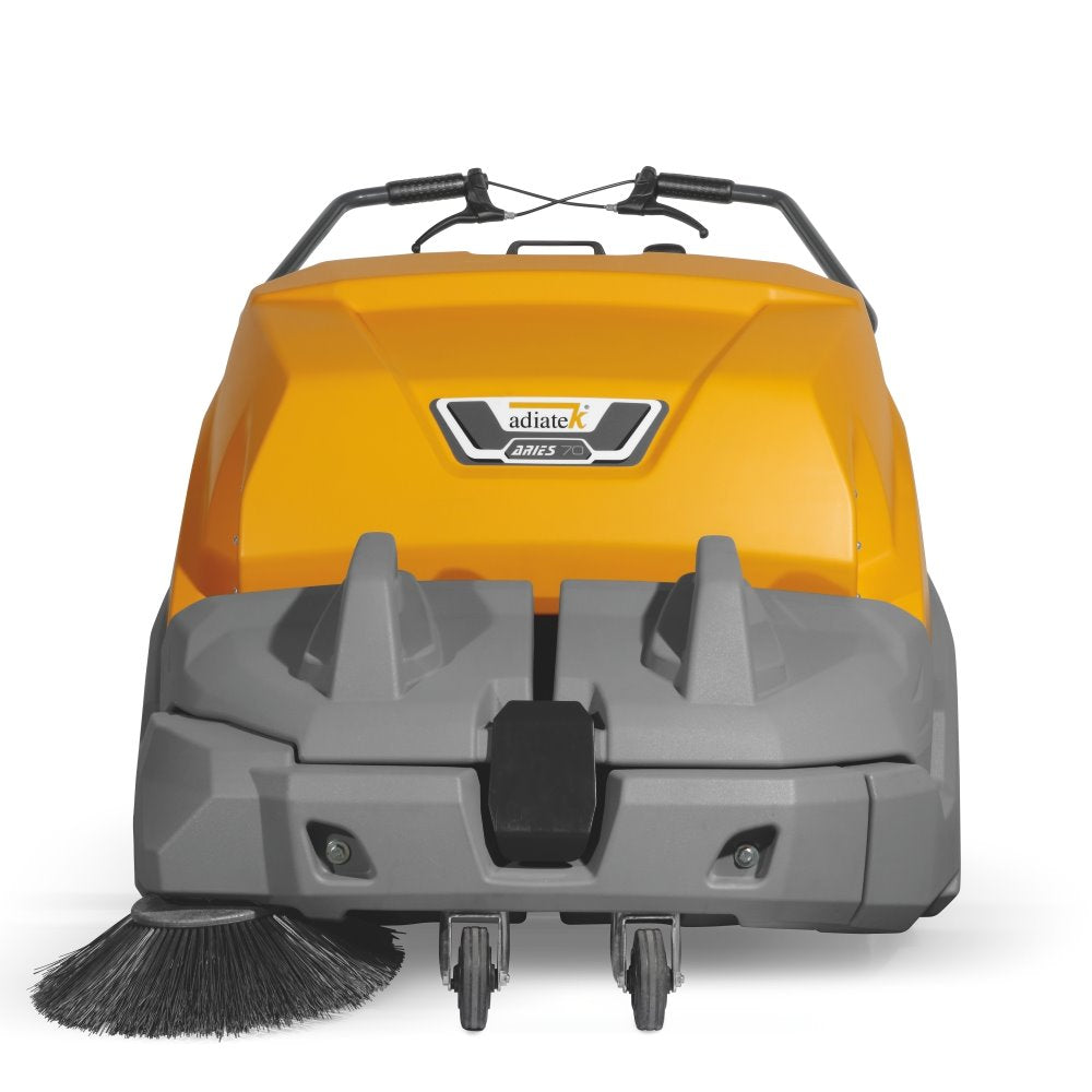 Front view of an Adiatek Scrubber with orange top and gray bottom on a white background