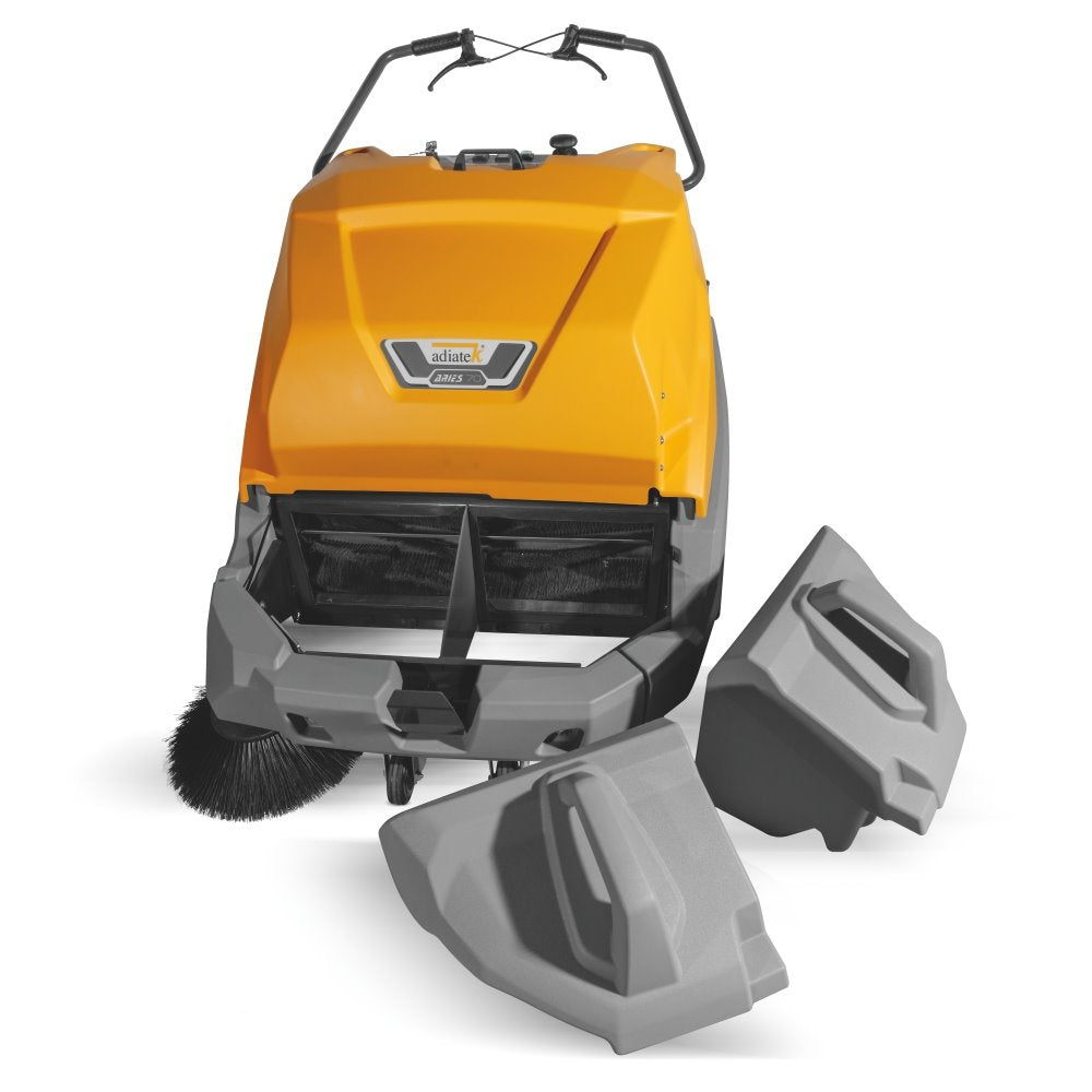 Orange and gray Adiatek cleaning machine with a brush attachment on a white background