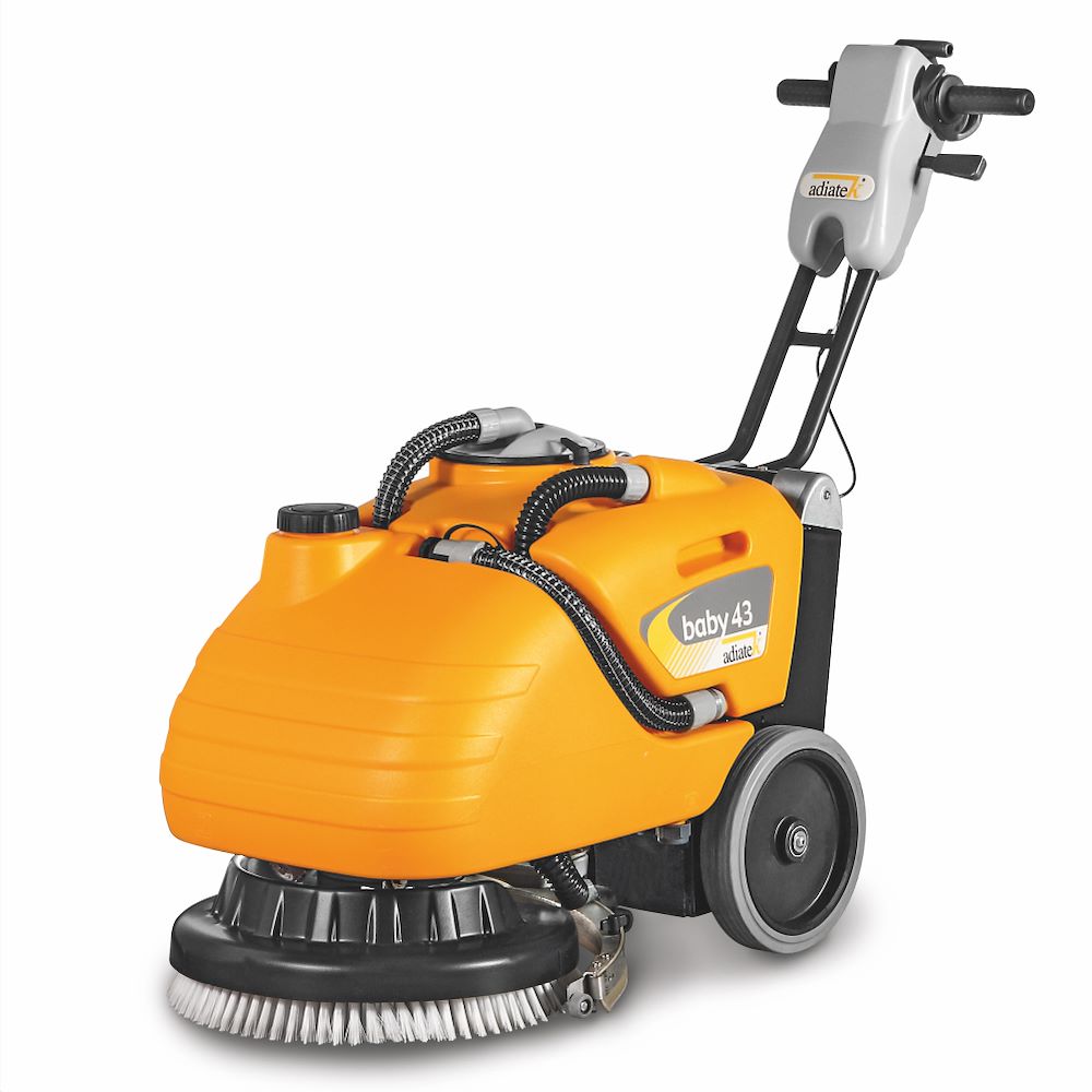 Orange Adiatek Baby 43 Multi-Purpose Scrubber floor cleaning machine on a white background
