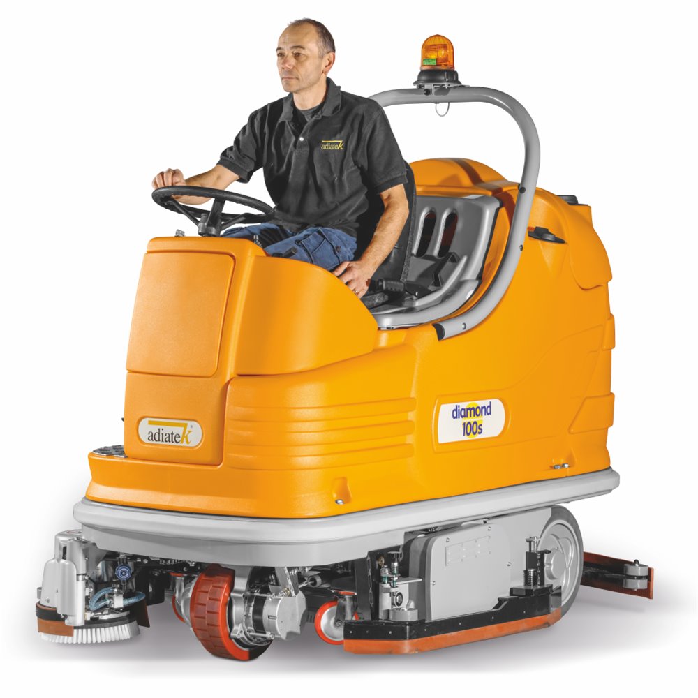 Adiatek Diamond 100s Ride On floor cleaning machine with a person sitting inside on a white background