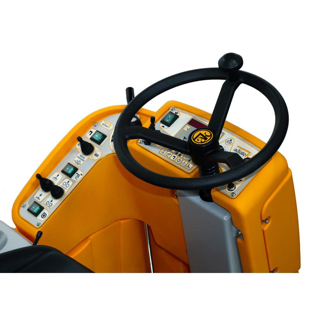 Steering wheel and dashboard from a Adiatek Diamond 100s Ride On on a white background