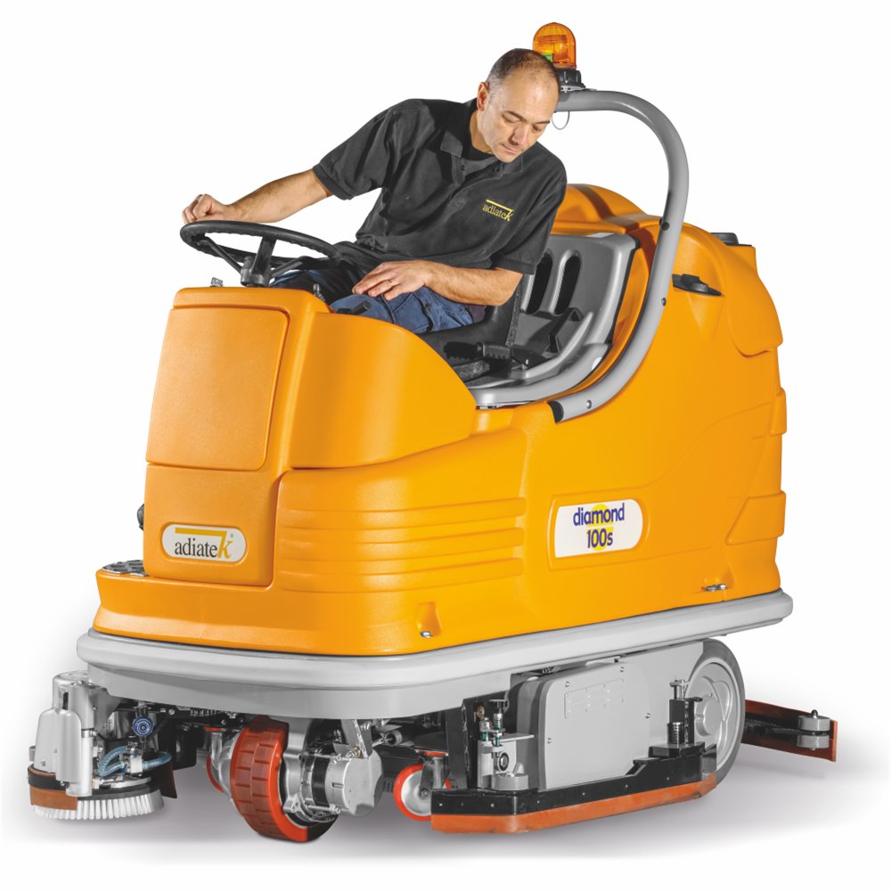 Adiatek Diamond 100s Ride On floor cleaning machine with a man operating on a white background