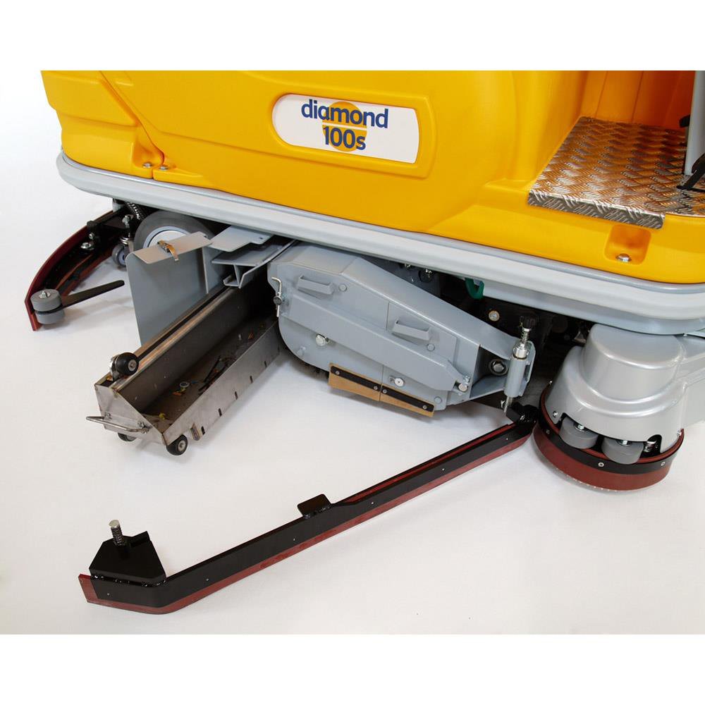 Close-up of a yellow Adiatek Diamond 100s Ride On floor cleaning machine on a white background.