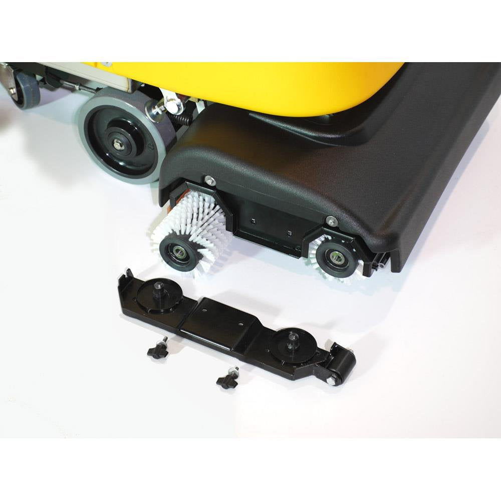 Close-up of a yellow and black Adiatek Jade 55c Auto Scrubber with a detached black component on a white background