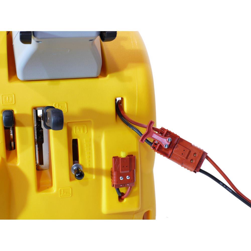 Close-up of a yellow Adiatek Jade 66 Auto Scrubber with connectors and wiring on a white background