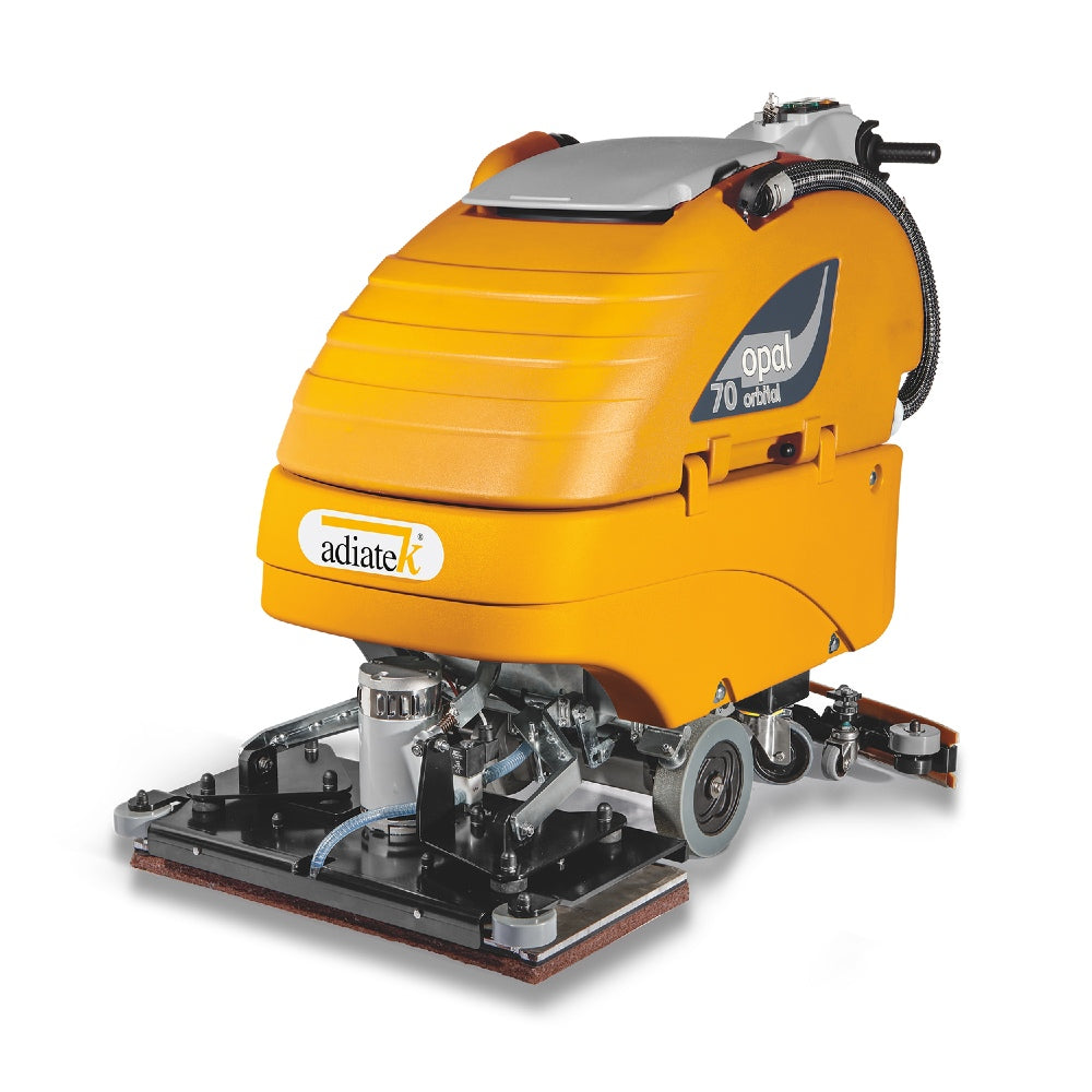Yellow floor scrubber with Adiatek branding on a white background