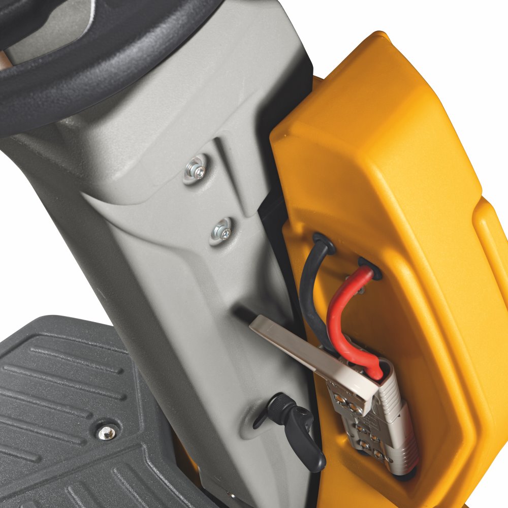 Close-up of a Adiatek Topaz 90 Ride On Auto Scrubber with a yellow handle and metallic components on a white background