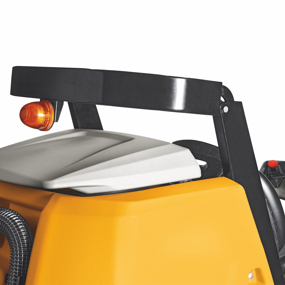 Close-up of a yellow Adiatek Topaz 90 Ride On Auto Scrubber machine with a black metal bracket and orange light on a white background