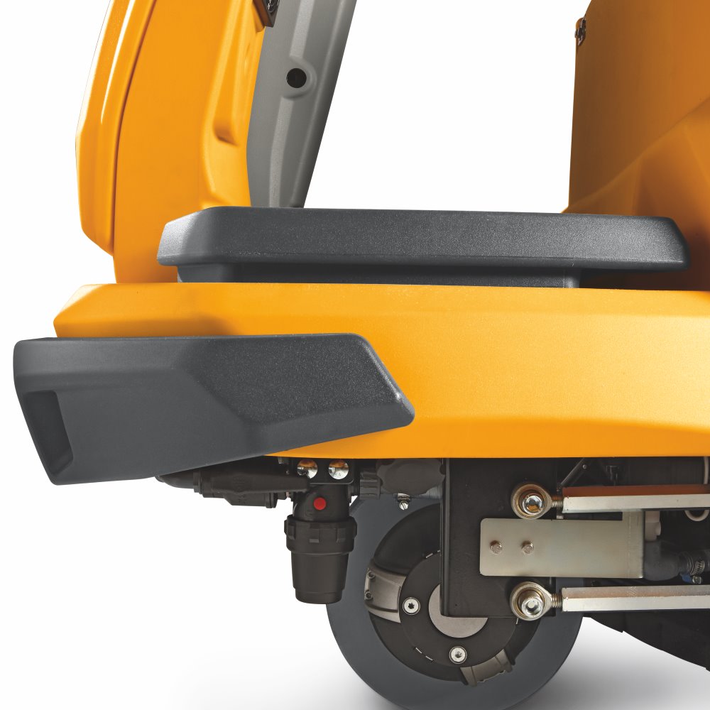 Close-up of a yellow Adiatek Topaz 90 Ride On Auto Scrubber with black bumper on a white background