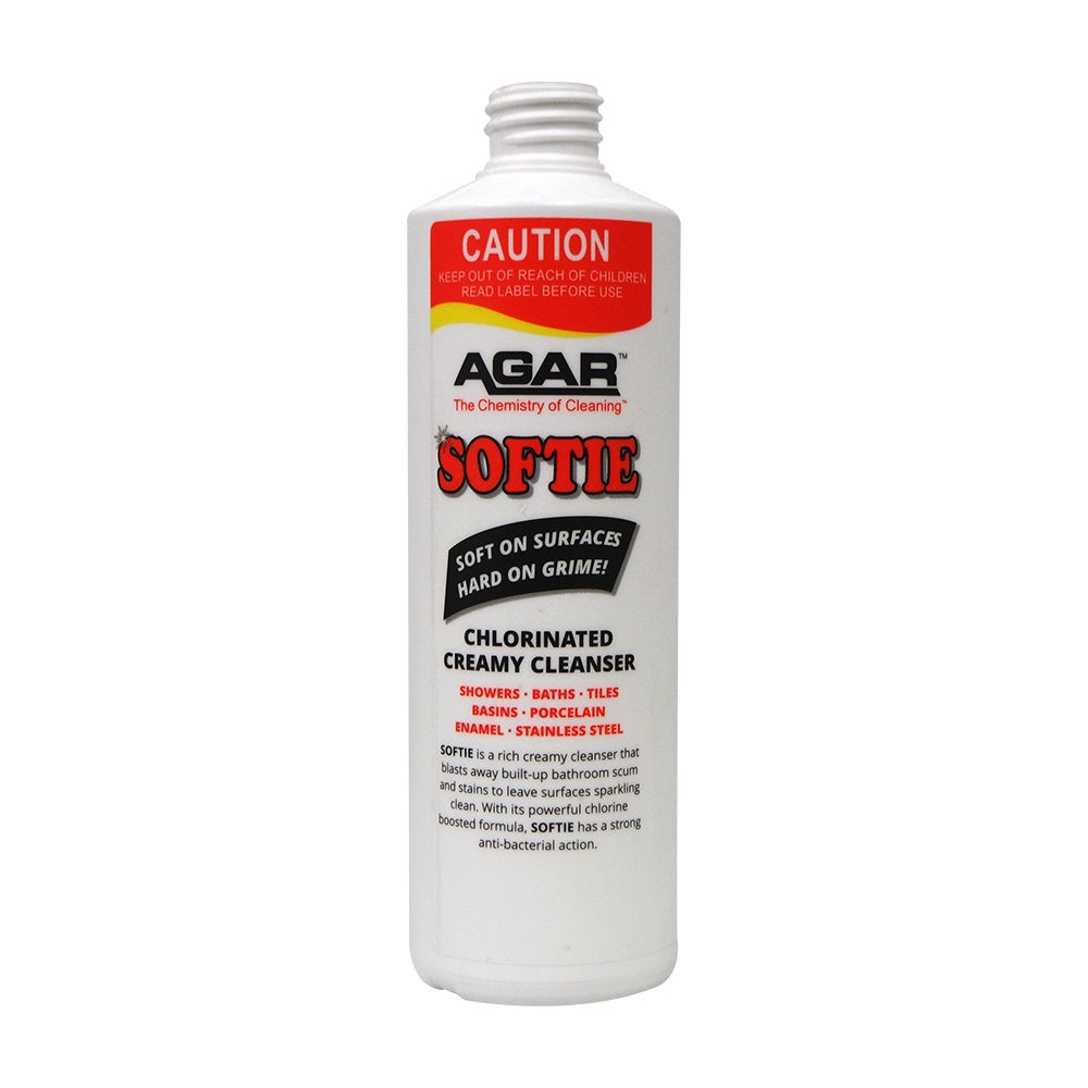 Bottle of Agar Softie chlorinated creamy cleanser on a white background