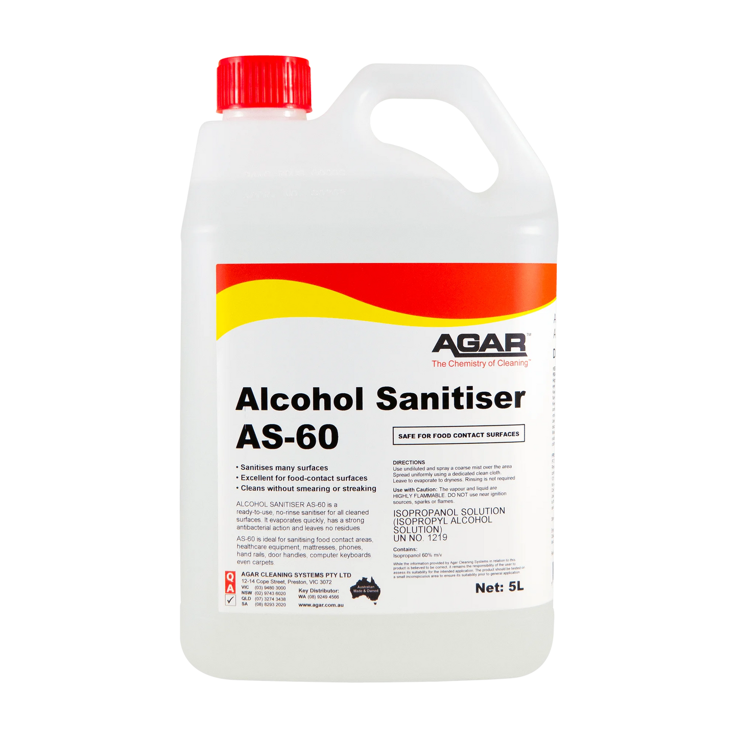Alcohol sanitiser bottle with red and yellow label on a white background