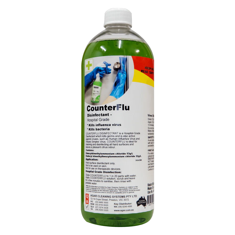 Bottle of CounterFlu Disinfectant with label on a white background