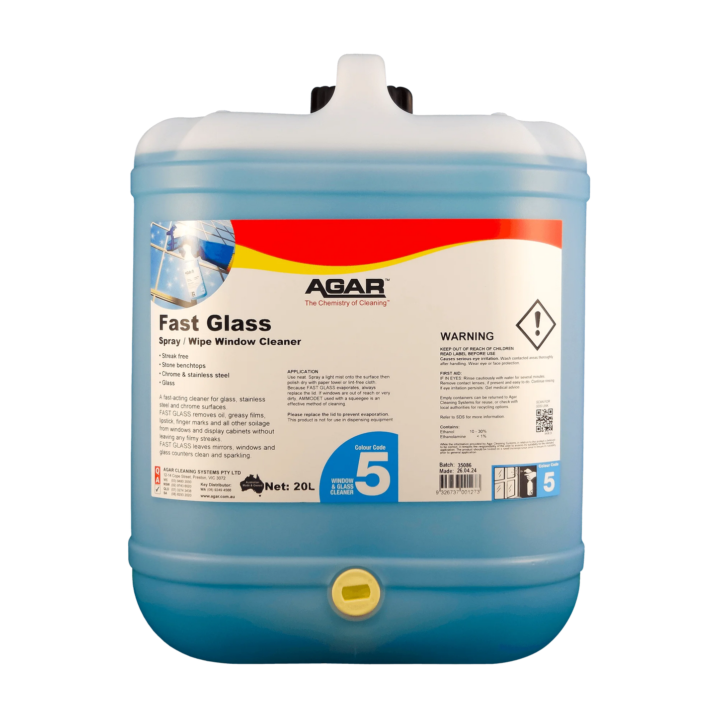 Blue container of Agar Fast Glass cleaner on a white background