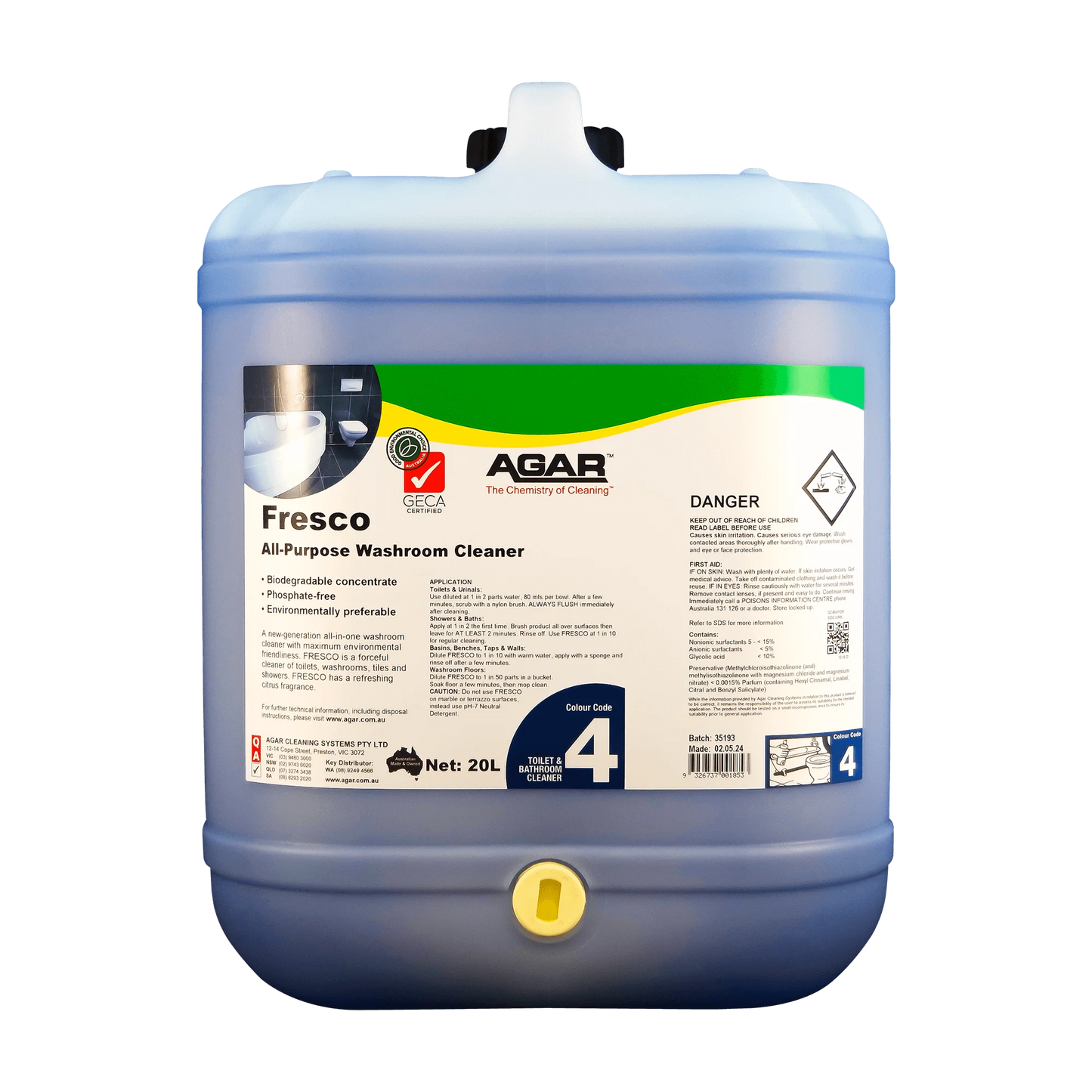 Large container of Agar Fresco All-Purpose Washroom Cleaner on a white background