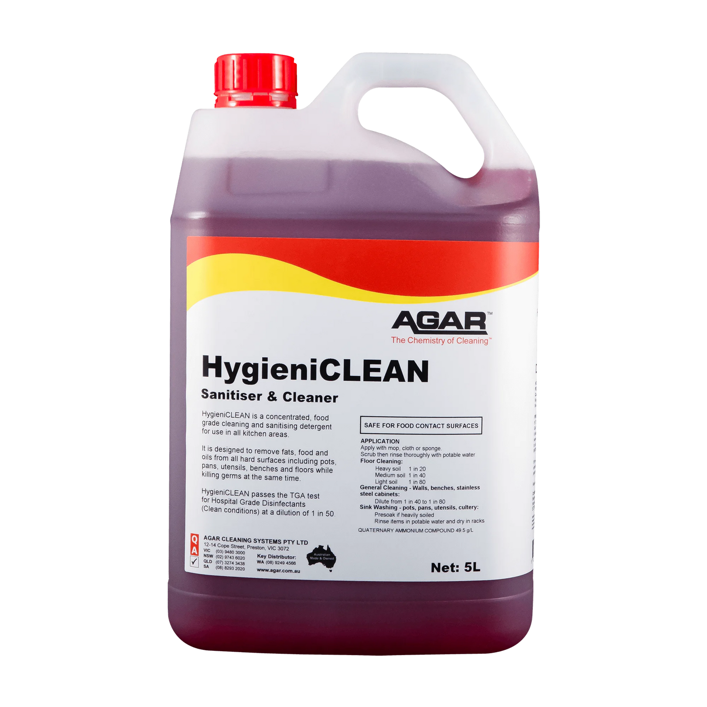 5L container of Agar HygieniCLEAN Sanitiser & Cleaner on a white background