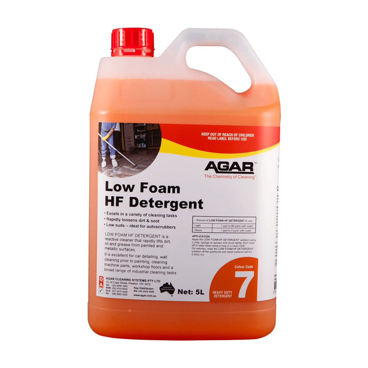 Orange and white container of Agar Low Foam HF Detergent on a white background