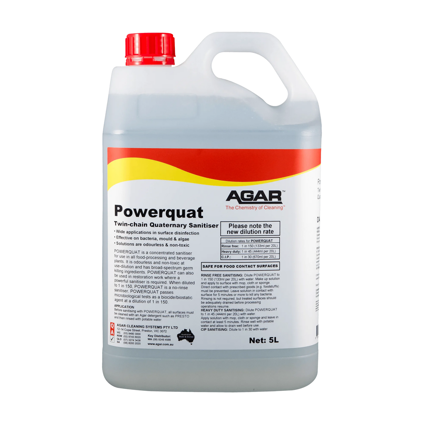 5-liter container of Agar Powerquat sanitiser on a white background