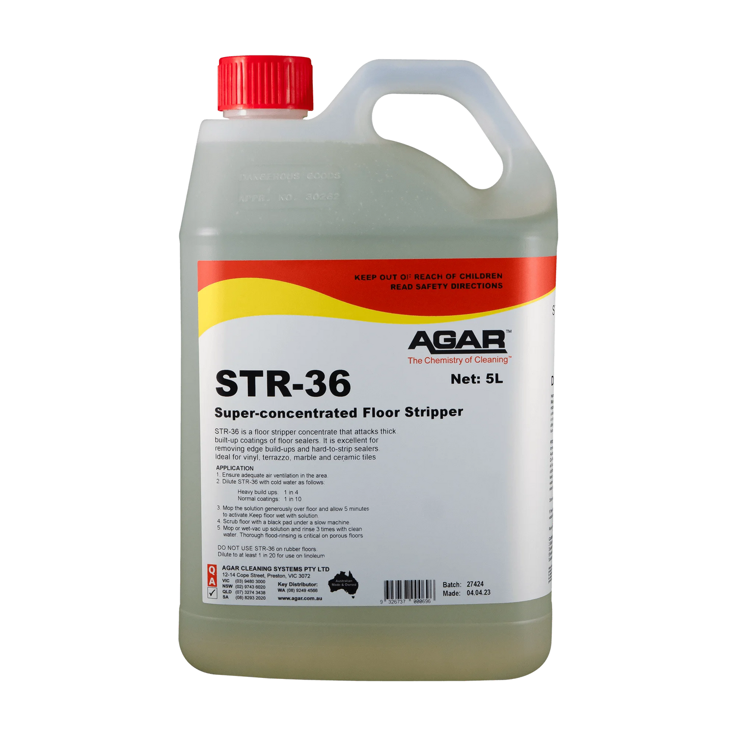 Agar STR-36 super-concentrated floor stripper bottle on a white background