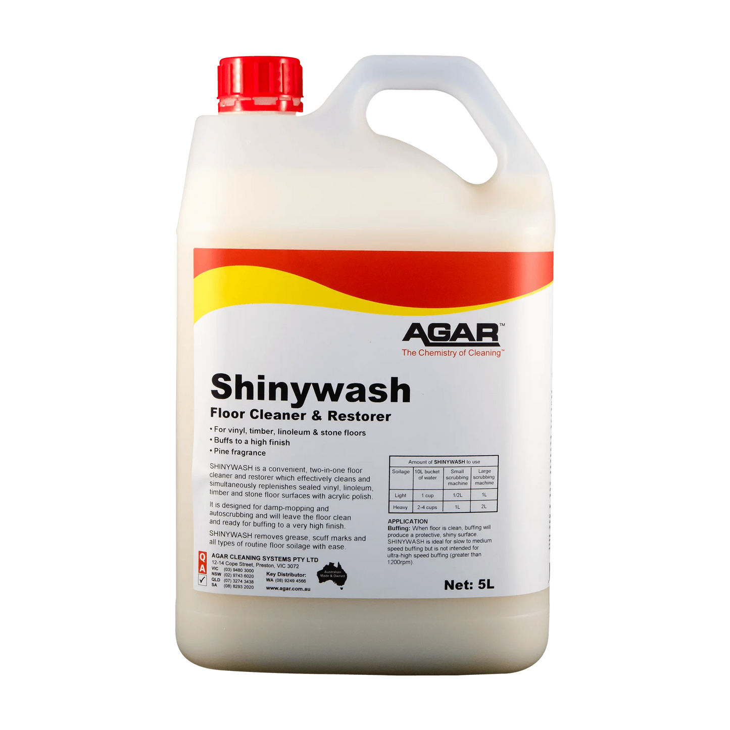 5L bottle of Shinywash floor cleaner and restorer by Agar on a white background