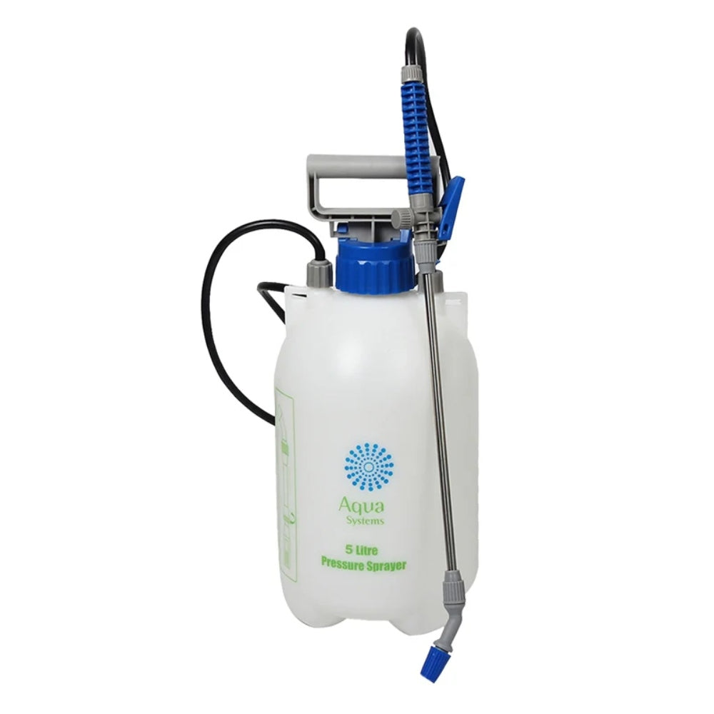 White pressure sprayer with blue accents on a white background