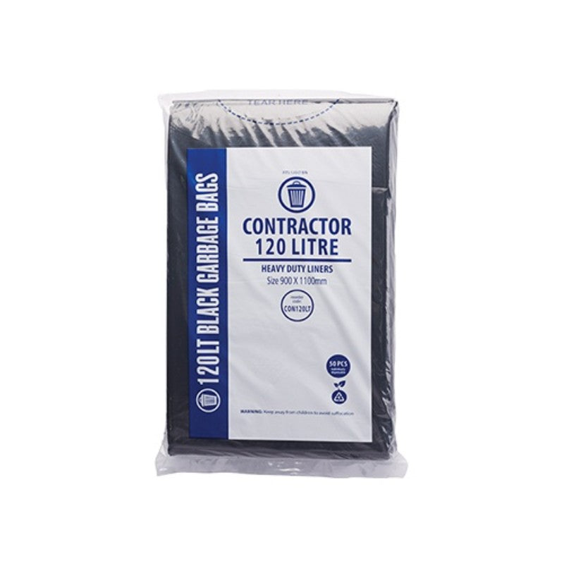 Pack of 120 litre black garbage bags with packaging on a white background