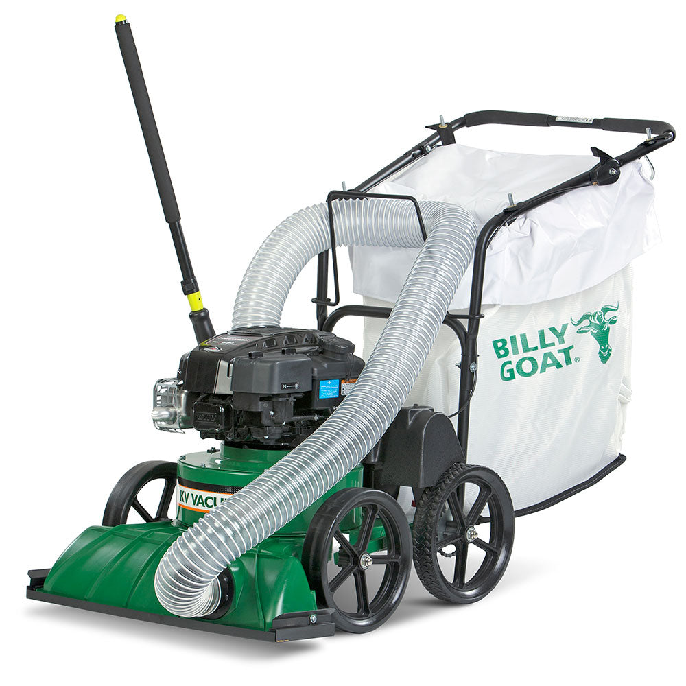Green and black lawn mower with a large white bag labeled 'Billy Goat' on a white background