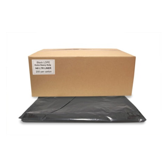 Box of black LDPE bin liner bags with a white label on a white background