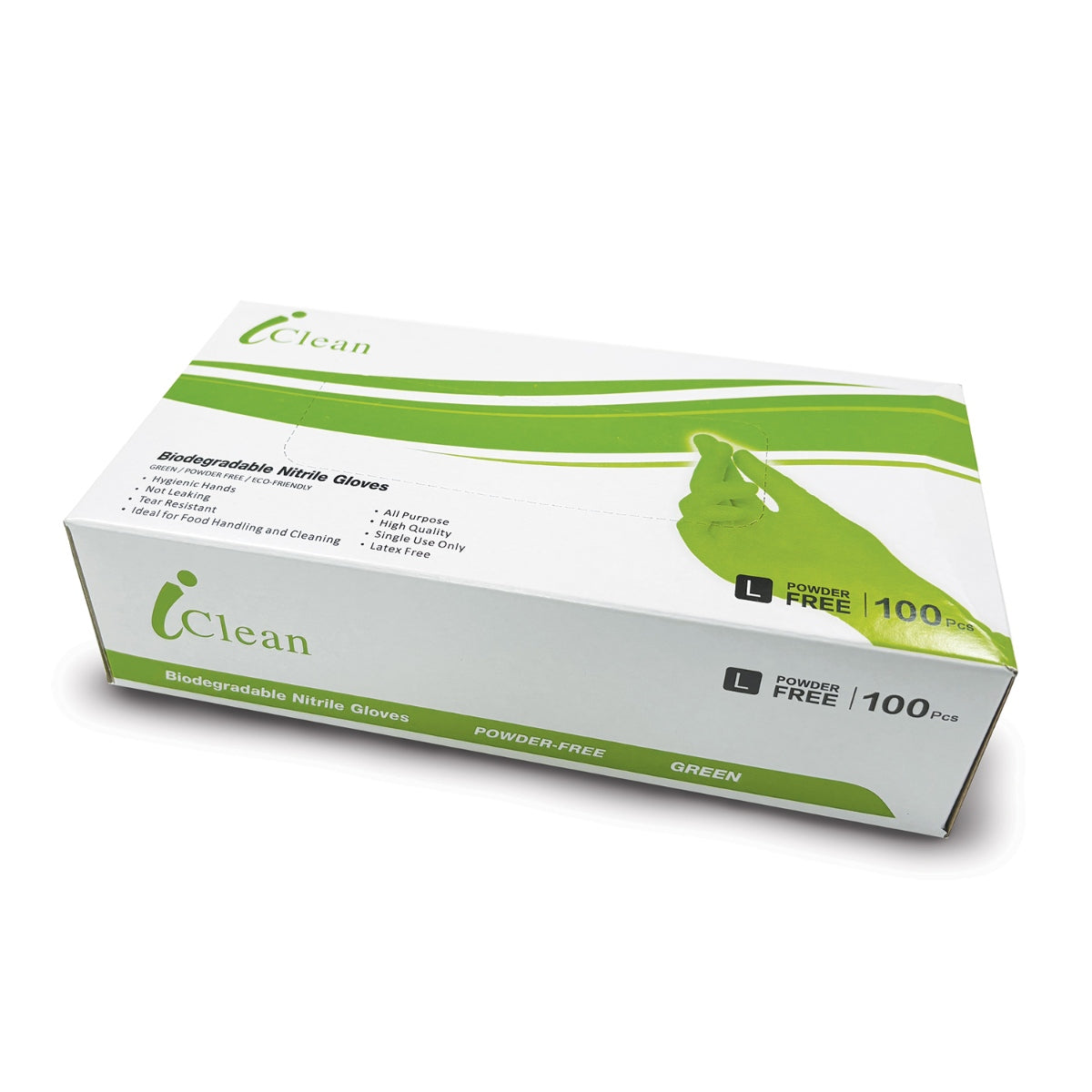 Box of iClean biodegradable nitrile gloves on a white background