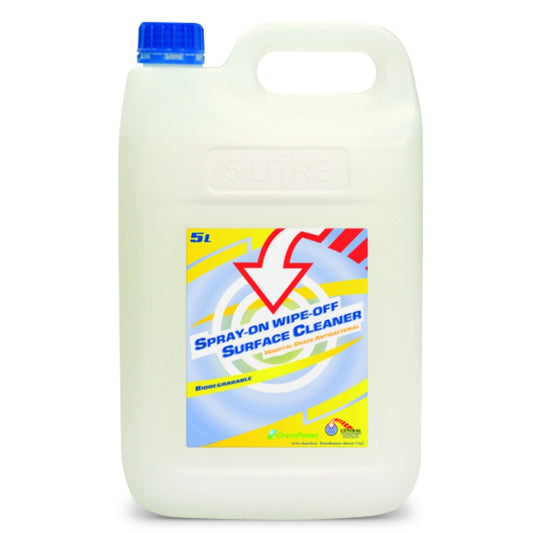 Large container of spray-on wipe-off surface cleaner with a blue cap on a white background