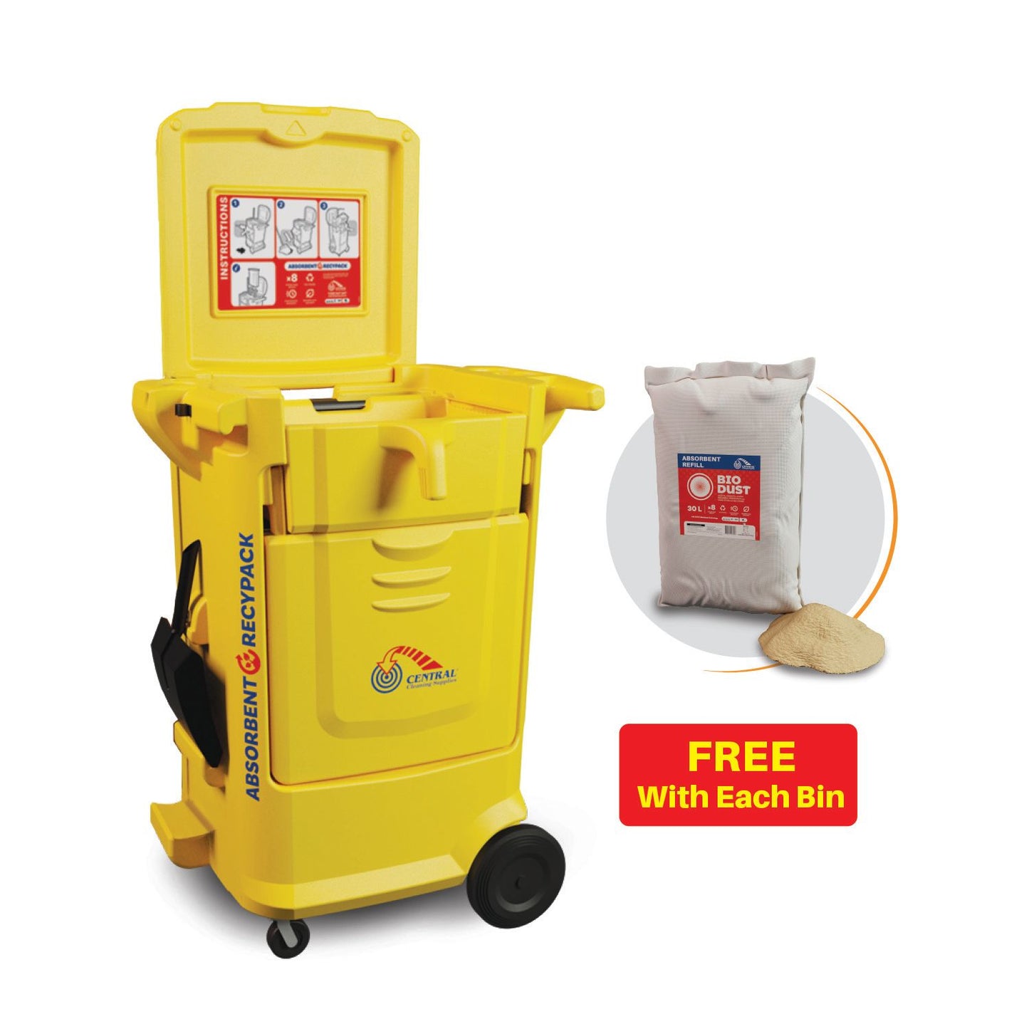 Yellow bin with wheels and a free bag offer on a white background
