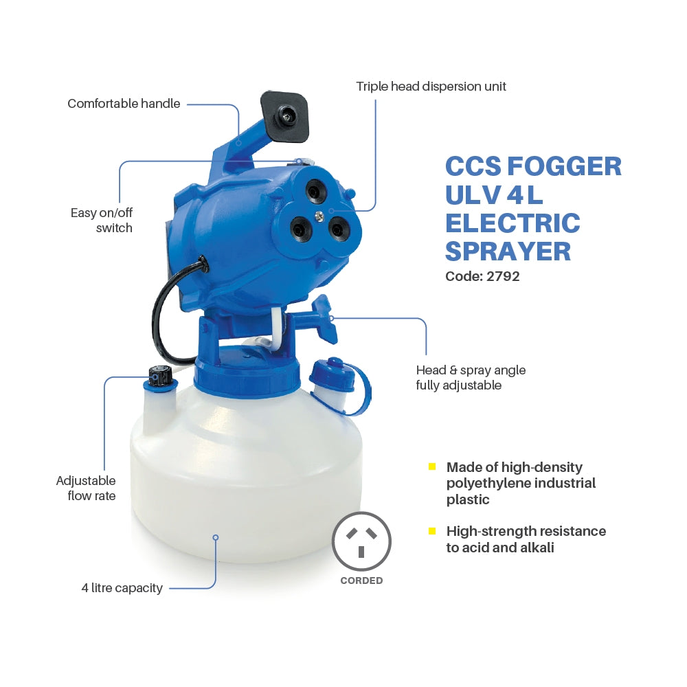CCS Fogger ULV 4L Electric Sprayer with features labeled on a white background