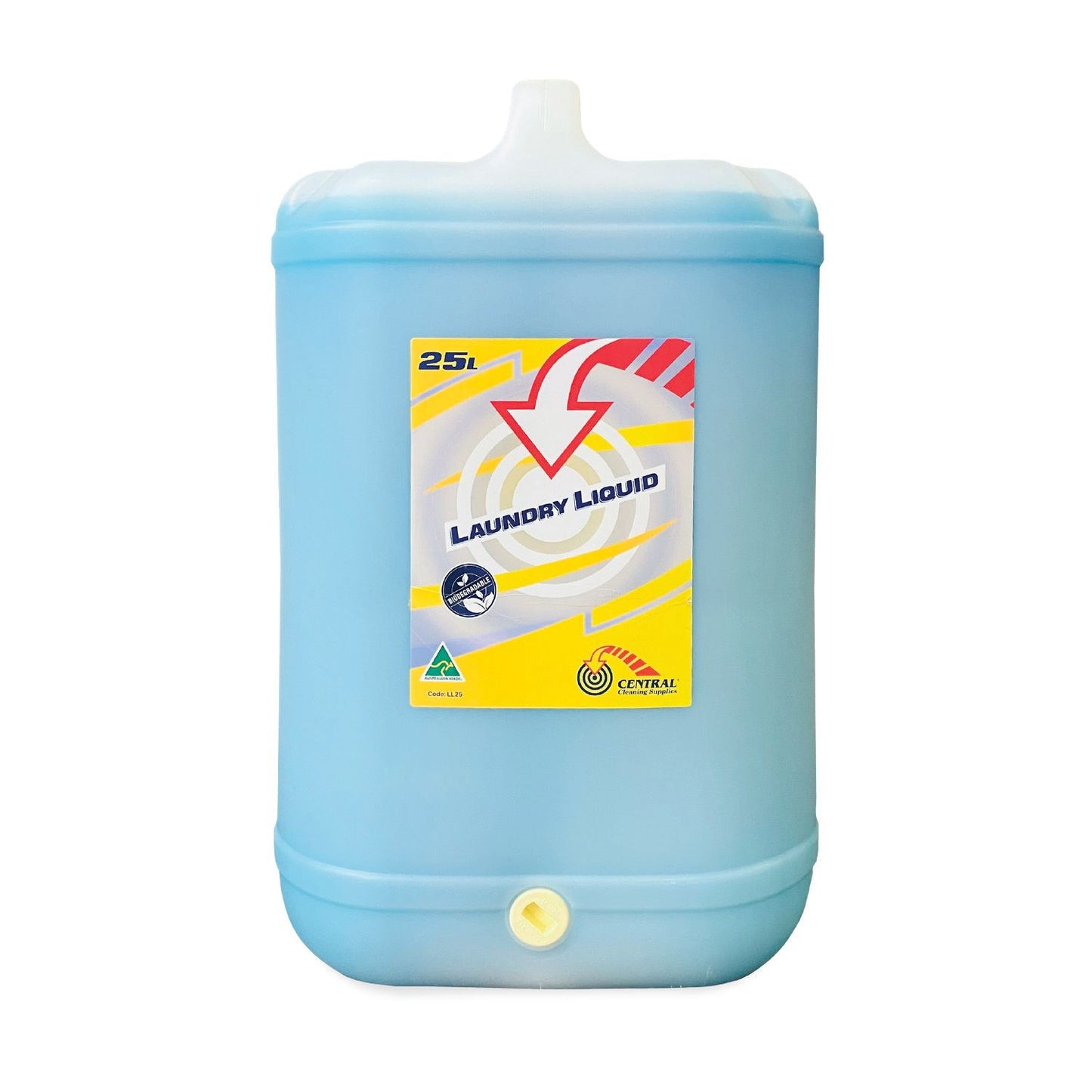 Blue laundry liquid container with a label on a white background