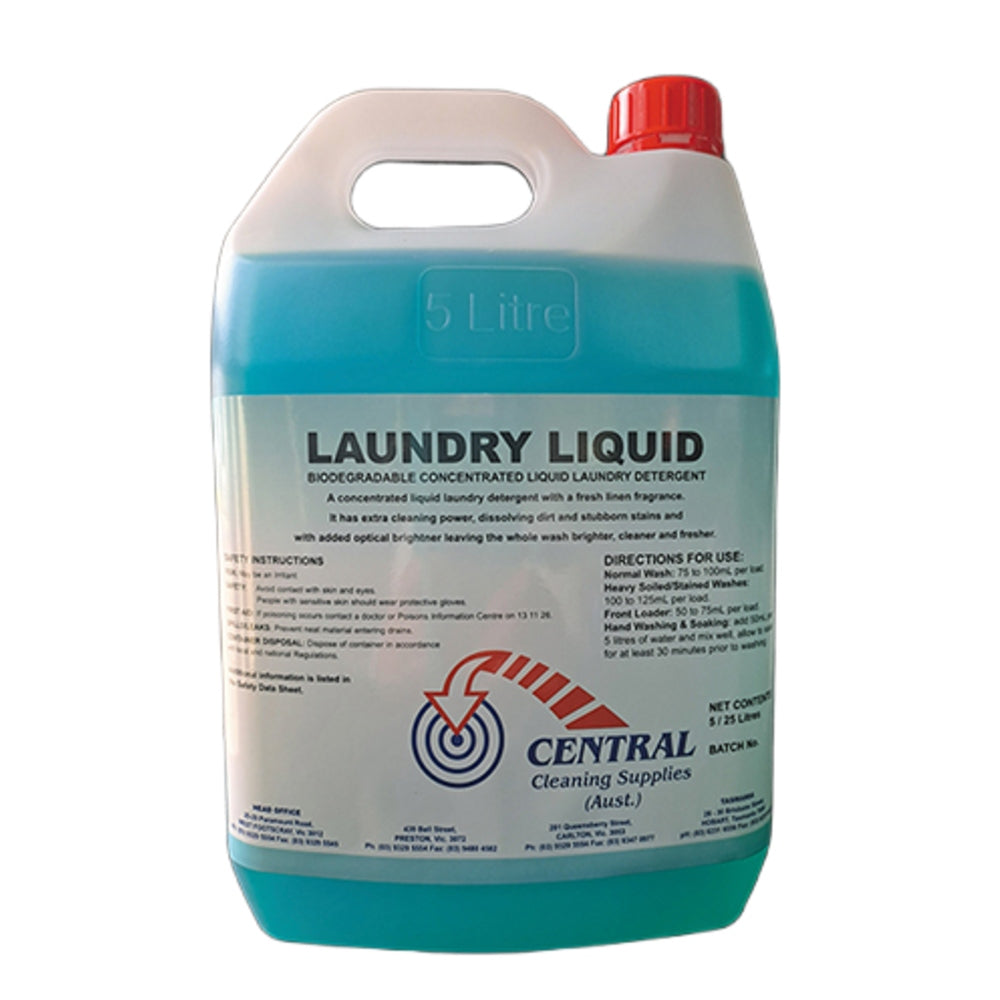 5-liter laundry liquid container with blue and white label on a white background