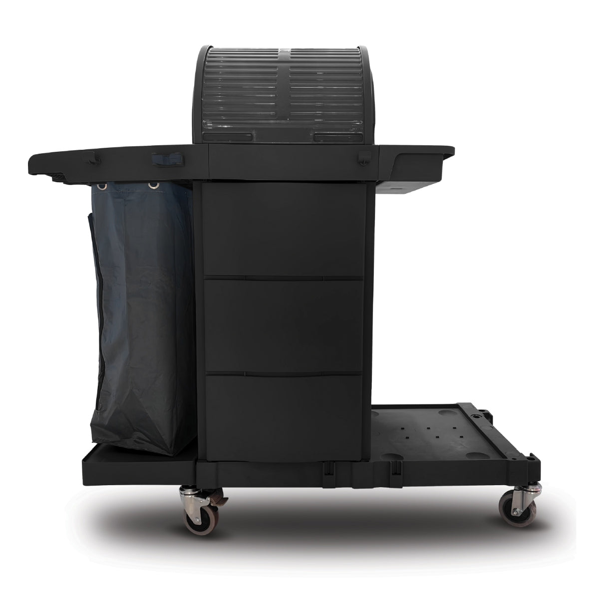 Black CCS Premium Janitor Cart with Hood with a trash bag on a white background