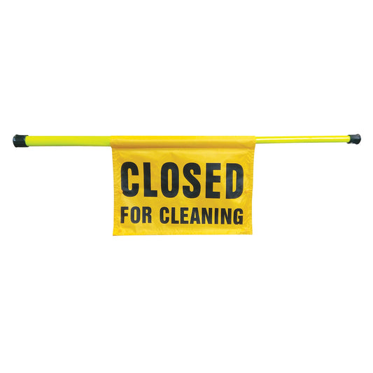 Yellow flag with 'Closed for Cleaning' text on a white background