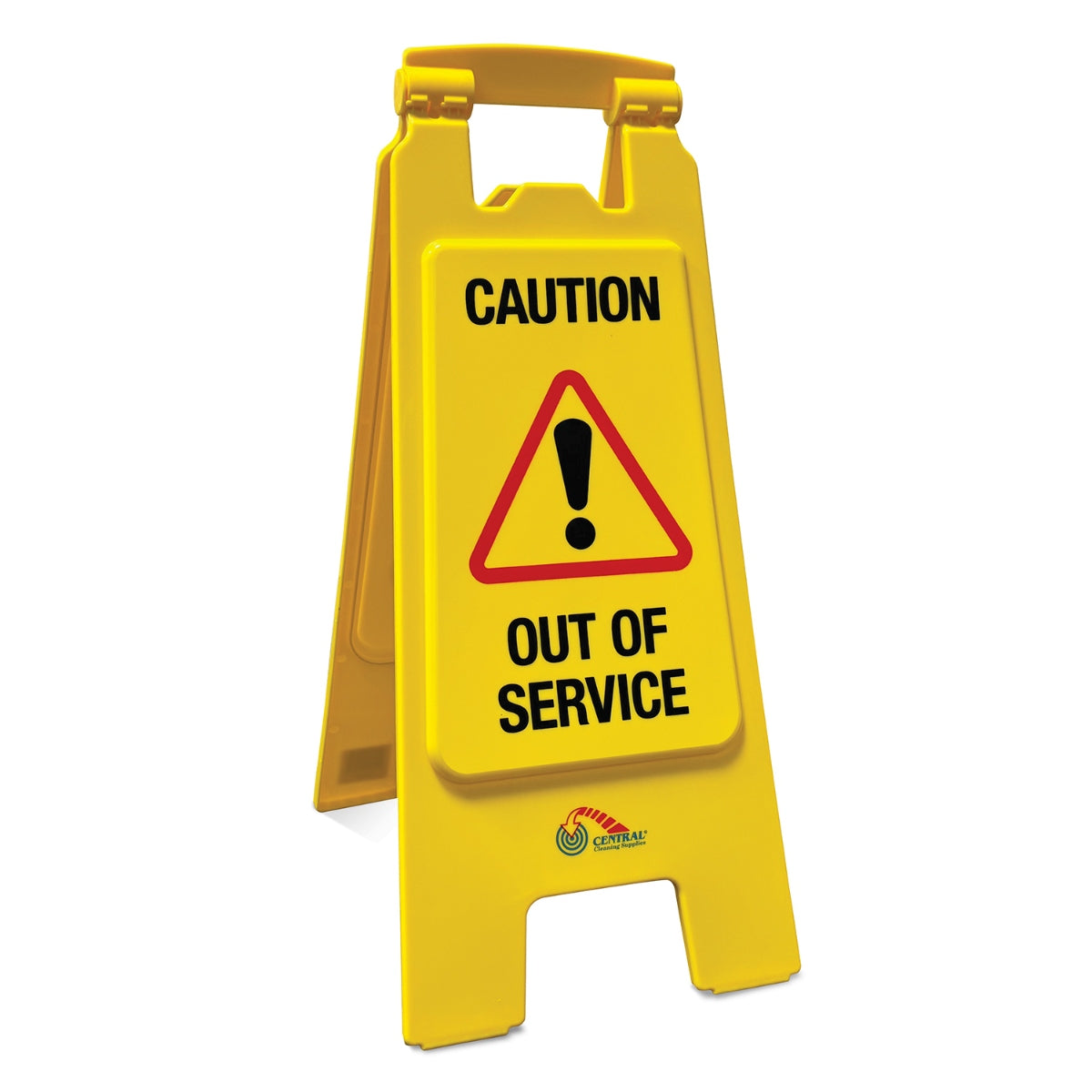 Yellow caution sign with 'Out of Service' text on a white background
