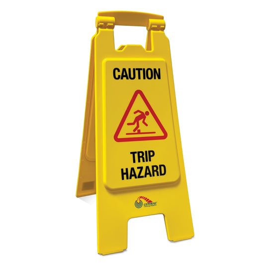 Yellow warning sign with 'Caution Trip Hazard' text and symbol on a white background