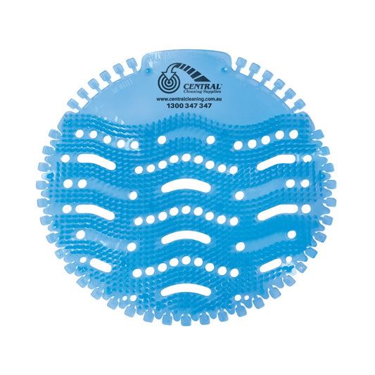 Blue urinal screen with Central logo on a white background