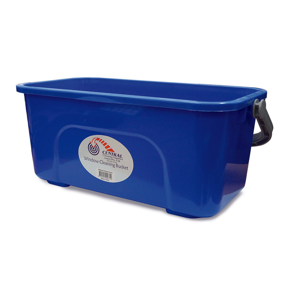 Blue window cleaning bucket with a visible brand label on a white background