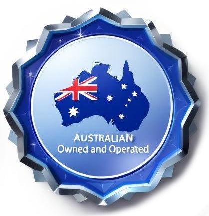 Badge with Australian flag and map, labeled 'Australian Owned and Operated', on a white background.